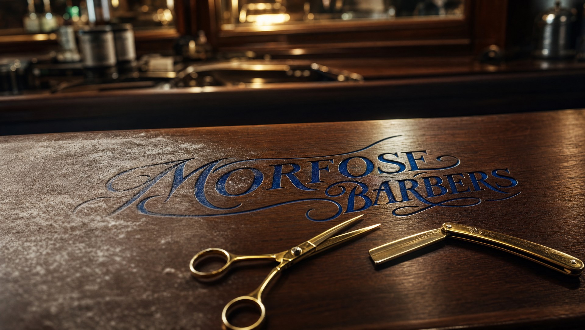 The Morfose Barbers name engraved in blue enamel into the shop counter, beside gold scissors and a razor.