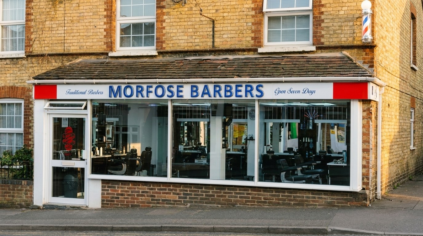 The Morfose Barbers shopfront, a white fascia with royal blue lettering and a barber pole.
