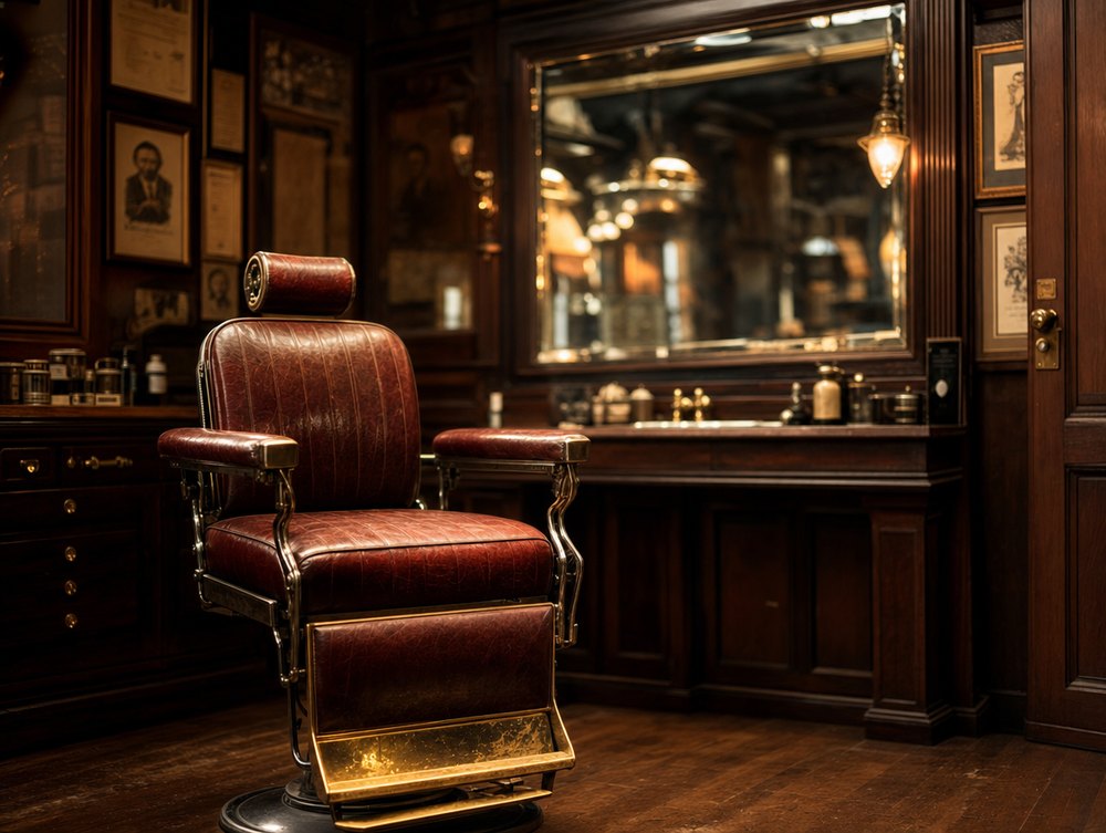 A vintage leather barber chair in front of a bevelled mirror.