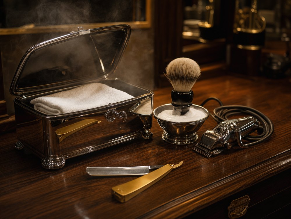 A hot towel steaming in a chrome warmer beside a cut-throat razor, brush and clippers.