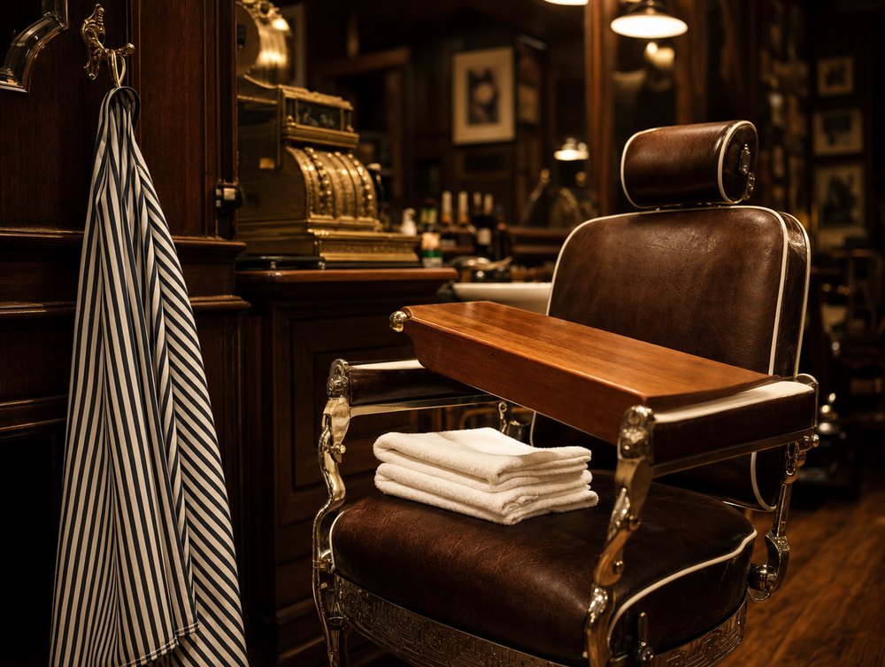 A wooden booster board across a barber chair with folded towels, ready for a child.